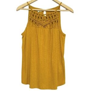 Crochet Macrame Boho Tank Top Womens S Golden Yellow Sleeveless Cottagecore